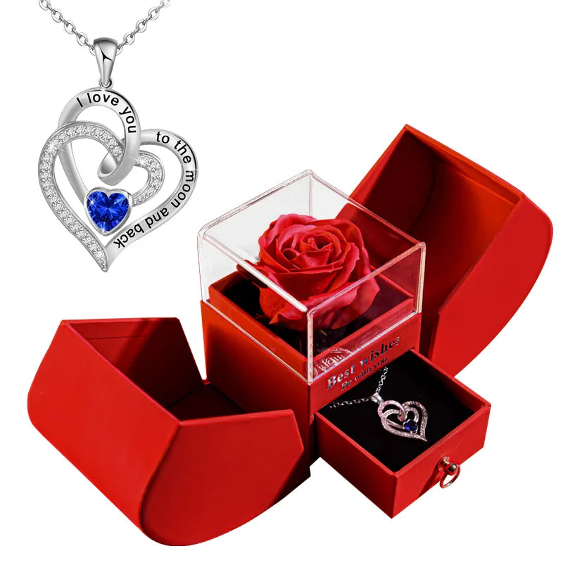 Gift Eternal Rose Gift Box /w Heart Necklace I Love You To The Moon and Back Flower Jewelry Box for Valentine.